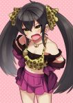  1girl absurdres angelo_(gomahangetsu) animal_print black_hair breasts cleavage hair_ribbon highres idolmaster idolmaster_cinderella_girls jewelry leopard_print long_hair looking_at_viewer matoba_risa midriff navel necklace open_mouth polka_dot polka_dot_background print_ribbon ribbon skirt solo twintails yellow_eyes 