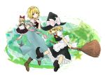  2girls alice_margatroid ankle_boots apron blonde_hair book boots braid broom broom_riding capelet female flying full_body hat kirisame_marisa multiple_girls pointy_shoes shanghai_doll shikai shikai_(iesiki_56) shoes side_braid star touhou witch_hat 