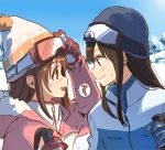  2girls ? akni blush brown_eyes brown_hair commentary commentary_request earrings gloves green_eyes hood hooded_jacket idolmaster idolmaster_cinderella_girls jacket jewelry mountain multiple_girls scenery shibuya_rin shimamura_uzuki ski_gear ski_goggles snow spoken_question_mark sunburn sweatdrop winter winter_clothes 