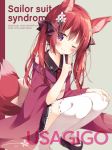  1girl animal_ears black_bow blurry blush bow clogs commentary cover cover_page depth_of_field doujin_cover engrish finger_to_chin floral_print flower fox_ears fox_girl fox_tail frilled_skirt frills green_ribbon hair_bow hair_flower hair_ornament hair_ribbon highres hoshi_(snacherubi) japanese_clothes kimono knees_together_feet_apart lolita_fashion long_hair looking_at_viewer necktie obi original ranguage red_kimono red_necktie redhead ribbon ribbon_trim sash school_uniform serafuku shirt skirt sleeveless sleeveless_shirt solo squatting tail thigh-highs twintails violet_eyes wa_lolita white_flower white_legwear 