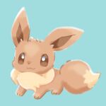  1boy :3 aqua_background brown_eyes chibi closed_mouth commentary eevee full_body kana_(maple926) no_humans pokemon pokemon_(creature) simple_background toes 
