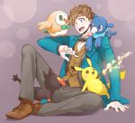  1boy bird blue_eyes bow bowtie brown_hair coat crossover electricity fantastic_beasts_and_where_to_find_them litten_(pokemon) newt_scamander open_mouth pikachu pokemon pokemon_(game) pokemon_sm popplio rowlet sitting solo teeth tonomayo wand 