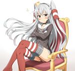  1girl amatsukaze_(kantai_collection) armchair blush brown_eyes chair choker crossed_arms crown garter_straps gradient gradient_background hair_tubes hairband highres kantai_collection legs_crossed long_hair looking_at_viewer mini_crown nedia_r red_legwear school_uniform serafuku silver_hair simple_background smile solo sparkle two_side_up 