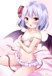  1girl bat_wings bed_sheet blush bow bow_bra bra breasts collarbone covering covering_breasts frills groin highres hyurasan lavender_hair looking_at_viewer navel open_mouth panties red_bow red_eyes red_ribbon remilia_scarlet ribbon short_hair sitting small_breasts solo strap_slip touhou underwear underwear_only wariza wings 