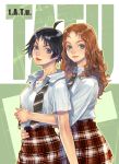  2girls ahoge black_hair blue_eyes brown_hair curly_hair elena_sergeevna_katina hug lips looking_at_viewer multiple_girls necktie opon parted_lips school_uniform serafuku short_hair skirt smile tatu yulia_olegovna_volkova 