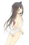  1girl animal_ears ass bangs bare_shoulders black_hair breasts brown_eyes cat_ears cowboy_shot expressionless flat_ass floating_hair from_side leotard long_hair looking_at_viewer looking_back lpip medium_breasts original simple_background solo thighs white_background 