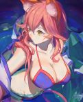  1girl animal_ears bangs bikini breasts cleavage fate/grand_order fate_(series) fox_ears highres large_breasts looking_to_the_side pink_hair red_cucumber swimsuit tamamo_(fate)_(all) tamamo_no_mae_(swimsuit_lancer)_(fate) wading water yellow_eyes 
