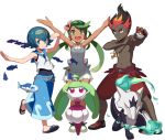  1boy 2girls alola_form alolan_marowak arms_up baggy_pants black_hair blue_eyes blue_hair blush bright_pupils capri_pants dark_skin dark_skinned_male fish flower green_eyes green_hair hair_flower hair_ornament hairband jewelry kaki_(pokemon) long_hair looking_at_viewer mallow_(pokemon) marowak multicolored_hair multiple_girls necklace one-piece_swimsuit open_mouth outstretched_arms pants poke_ball pokemon pokemon_(creature) pokemon_(game) pokemon_sm redhead sandals school_swimsuit shirtless short_hair shorts siblings simple_background sleeveless smile solo spread_arms suiren_(pokemon) swimsuit swimsuit_under_clothes tonami_kanji trial_captain twins twintails two-tone_hair very_dark_skin water white_background wishiwashi 