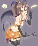  1girl :d alternate_costume bat bat_wings black_gloves brown_eyes brown_hair collarbone elbow_gloves gloves hachimaki halloween halloween_costume headband holding jack-o&#039;-lantern kantai_collection long_hair looking_at_viewer navel nedia_r open_mouth polearm ponytail pumpkin_pants simple_background smile solo trident v weapon wings zuihou_(kantai_collection) 