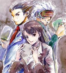  1girl 2boys ayasato_chihiro brown_eyes brown_hair capcom coffee cup formal godot gyakuten_saiban gyakuten_saiban_3 multiple_boys naruhodou_ryuuichi scarf suit 