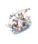  1girl absurdres anklet arms_up barefoot brown_eyes highres holding horns innertube jewelry light_brown_hair official_art open_mouth paddle santalia solo splashing thigh_strap thousand_memories transparent_background water 