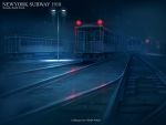  artist_name blue english lamppost new_york night no_humans original railroad_tracks scenery seo_tatsuya snow spot_color subway train watermark 