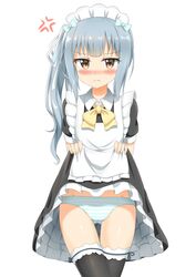  1girl alternate_costume anger_vein black_legwear blush bow bowtie brown_eyes dress dress_lift embarrassed enmaided groin hair_bow hair_ribbon highres kantai_collection kasumi_(kantai_collection) long_hair looking_at_viewer maid maid_headdress nedia_r panties ribbon side_ponytail silver_hair simple_background solo striped striped_panties thigh-highs underwear white_background 