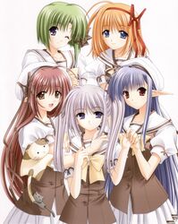  5girls absurdres ahoge blue_eyes blue_hair brown_eyes brown_hair everyone fuyou_kaede green_hair hat highres lisianthus long_hair multiple_girls nerine nishimata_aoi official_art orange_hair pointy_ears primula red_eyes ribbon school_uniform serafuku shigure_asa short_hair shuffle! simple_background suzuhira_hiro twintails violet_eyes 