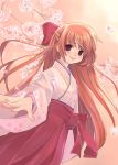  1girl cherry_blossoms hakama japanese_clothes kuga_tsukasa miko petals red_hakama solo tears 