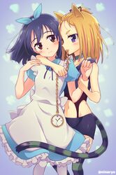  2girls :3 alice_(wonderland) alice_(wonderland)_(cosplay) alice_in_wonderland animal_ears arm_around_neck blonde_hair blue_hair blush blush_stickers brown_eyes cat_ears cat_tail chains cheshire_cat cheshire_cat_(cosplay) choker clubs commentary cosplay diamond_(shape) flip_flappers forehead from_side hair_ribbon heart kemonomimi_mode kokomine_cocona mouth_hold multiple_girls navel niina_ryou pocket_watch puffy_short_sleeves puffy_sleeves ribbon short_sleeves spade tail thick_eyebrows thigh-highs twitter_username violet_eyes watch wrist_grab yayaka yuri 