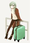  alternate_costume alternate_hairstyle aqua_eyes aqua_hair artist_name blush braid brown_legwear coat hair_ornament hairclip highres hita_(hitapita) kantai_collection leaning_against_railing long_hair long_sleeves looking railing shoes simple_background single_braid sneakers suitcase suzuya_(kantai_collection) sweater turtleneck_sweater 