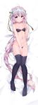  1girl absurdres ahoge bangs bare_shoulders bed_sheet bikini black_bikini black_legwear breasts collarbone dakimakura eyebrows_visible_through_hair fate/grand_order fate_(series) full_body green_ribbon hair_ribbon hand_on_own_thigh hand_up headpiece highres jeanne_alter jeanne_alter_(santa_lily)_(fate) long_hair lying navel on_back red_ribbon ribbon ruler_(fate/apocrypha) shiny shiny_clothes shiny_skin silver_hair small_breasts solo striped striped_ribbon swimsuit thigh-highs thighs twiska_(doubitian) yellow_eyes 
