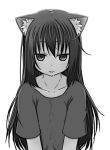  animal_ears cat_ears greyscale highres long_hair monochrome shirt t-shirt 