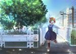  1girl black_eyes blush bow bowtie brown_hair building city dappled_sunlight fence kneehighs looking_to_the_side open_mouth original outstretched_arms power_lines school_uniform shade shoes short_hair sneakers solo standing standing_on_one_leg sunlight tabata_mihira telephone_pole tree 
