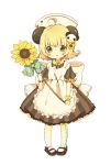  1girl :o ahoge animal_ears blonde_hair blush bow chibi child di_gi_charat dress flower green_eyes hair_flower hair_ornament hat highres large_bow looking_at_viewer mary_janes mokarooru nurse_cap open_mouth oversized_clothes panda_ears piyoko shoes short_hair simple_background solo sunflower sunflower_hair_ornament white_background white_bow 