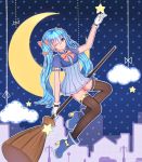  1girl black_legwear blue_eyes blue_hair bow gloves hair_bow hanami_dango_(zzldango) hatsune_miku highres long_hair moon one_eye_closed red_bow smile solo star thigh-highs twintails vocaloid white_gloves 