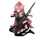  1girl anti-materiel_rifle bipod black_gloves black_legwear black_shoes black_skirt blush breasts crying crying_with_eyes_open earphones eyebrows_visible_through_hair full_body garrison_cap girls_frontline gloves gun hand_in_hair hat headset holding holding_gun holding_weapon looking_at_viewer medium_breasts neckerchief nose nose_blush ntw-20 ntw-20_(girls_frontline) official_art pantyhose pink_eyes pink_hair pink_hat pleated_skirt rifle school_uniform scope serafuku shoes short_sleeves sitting skirt sniper_rifle solo teardrop tears torn_clothes torn_pantyhose torn_skirt transparent_background weapon 