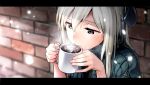  1girl blue_eyes blush coffee cup drinking_glass hat kantai_collection kinosuke_(sositeimanoga) letterboxed long_hair silver_hair snowing solo u-511_(kantai_collection) 