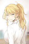  1girl blonde_hair blue_eyes breasts colored commentary commentary_request highres ishima_yuu large_breasts long_hair original ponytail shirt smile 