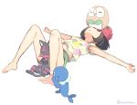  1girl barefoot beanie between_legs black_hair female_protagonist_(pokemon_sm) hat kanro_ame_(ameko) litten_(pokemon) lying on_back outstretched_arms pokemon pokemon_(creature) pokemon_(game) pokemon_sm popplio red_hat rowlet shirt short_hair simple_background spread_arms tied_shirt white_background 