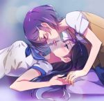  2girls blue_hair closed_eyes dokidoki!_precure french_kiss hishikawa_rikka kenzaki_makoto kiss long_hair lying multiple_girls negom on_back pantyhose precure purple_hair saliva short_hair yuri 