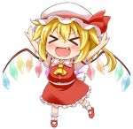  &gt;_&lt; 1girl :d ascot blonde_hair chibi closed_eyes fang flandre_scarlet hat highres long_hair looking_at_viewer mob_cap nichika_(nitikapo) one_side_up open_mouth outstretched_arms simple_background smile solo spread_arms touhou white_background wings xd 