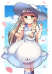  1girl bangs bare_arms blonde_hair blue_sky blunt_bangs blush braid closed_mouth clouds collarbone collared_dress day dress eyebrows_visible_through_hair green_eyes hat highres kneehighs lillie_(pokemon) long_hair looking_away looking_to_the_side nagase_kizuna petals pokemon pokemon_(game) pokemon_sm see-through sky sleeveless sleeveless_dress smile solo standing sun_hat sundress twin_braids white_dress white_hat white_legwear 