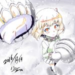  1girl alternate_costume alternate_hair_length alternate_hairstyle cosplay dated enemy_aircraft_(kantai_collection) from_above frown girls_und_panzer h-new horns kantai_collection katyusha katyusha_(cosplay) looking_at_viewer looking_up mittens northern_ocean_hime orange_eyes pleated_skirt shinkaisei-kan shoes short_hair signature sketch skirt snow snowing walking white_hair white_skin wind winter_clothes 