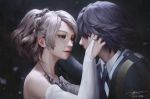  1boy 1girl 2016 bangs blonde_hair blue_eyes blue_hair dao_trong_le dated dress eye_contact eyelashes final_fantasy final_fantasy_xv formal highres incipient_kiss jewelry lips looking_at_another lunafreya_nox_fleuret necklace no_pupils noctis_lucis_caelum parted_bangs profile ring short_hair signature strapless strapless_dress suit upper_body wedding wedding_band white_dress 