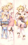  2girls ;d anchira_(granblue_fantasy) ass bare_shoulders barefoot bed blonde_hair blush breasts brown_eyes dakimakura detached_sleeves djeeta_(granblue_fantasy) dress erun_(granblue_fantasy) from_above from_behind fur_trim granblue_fantasy hairband hand_on_another&#039;s_head highres kaenuco looking_at_viewer looking_back looking_up lying midriff monkey_ears monkey_tail multiple_girls navel no_shoes on_back on_stomach one_eye_closed open_mouth pink_dress puffy_short_sleeves puffy_sleeves short_hair short_sleeves shorts small_breasts smile striped striped_legwear tail tail_wrap thigh-highs thighs toeless_legwear 