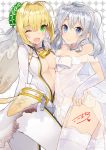  2girls :o ahoge blonde_hair blue_eyes blush breasts bridal_gauntlets bridal_veil chains cleavage commentary crossover dress fate/extra fate/extra_ccc fate_(series) garter_straps green_eyes highres kantai_collection kashima_(kantai_collection) kou_mashiro lock multiple_girls one_eye_closed panties saber_bride saber_extra see-through silver_hair smile thigh-highs two_side_up underwear veil wedding_dress white_legwear white_panties 
