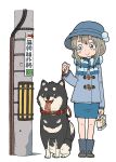  1girl :&gt; :d black_boots black_eyes blue_boots blue_coat blue_eyes blue_hat blue_scarf blue_skirt blush boots cable coat collar directional_arrow dog dog_collar full_body grey_hair hat highres holding holding_bag holding_leash knee_boots leash long_sleeves looking_at_another open_mouth original pole power_lines saliva scarf shiba_inu sidelocks sign simple_background sitting skirt smile standing star striped striped_scarf tareme tongue tongue_out white_background yukimoto_shuuji_(gurigura) 