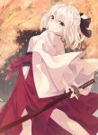  1girl arms_behind_back autumn_leaves bangs black_ribbon blonde_hair breasts eyebrows_visible_through_hair fate_(series) from_side grey_eyes hair_between_eyes hair_ribbon half_updo highres holding holding_sword holding_weapon japanese_clothes katana kimono koha-ace looking_at_viewer looking_back medium_breasts ponytail ribbon sakura_saber sheath sheathed shio_(shia-ushio) smile solo sword weapon white_kimono 