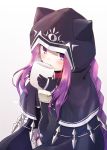  1girl animal_hood black_cape blush braid cape cat_hood collar commentary cup dog_collar fal fate/grand_order fate_(series) gloves holding holding_cup hood long_hair looking_at_viewer medusa_(lancer)_(fate) purple_hair rider sidelocks simple_background solo very_long_hair violet_eyes 