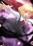  black_skirt black_vest blonde_hair bow collared_vest darkness eyebrows_visible_through_hair fang long_sleeves open_mouth outstretched_arms red_bow red_eyes rumia shirt short_hair skirt skirt_set spread_arms touhou umarutsufuri vest white_shirt 
