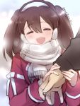  1girl brown_hair closed_eyes earmuffs kantai_collection open_mouth primary_stage ryuujou_(kantai_collection) scarf smile solo_focus twintails twitter_username upper_body white_scarf 