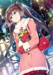  1girl artist_name ayame_kotoko bag black_hair black_legwear blue_eyes blurry bokeh breath chuuko_de_mo_koi_ga_shitai! coat cover cover_page depth_of_field dutch_angle fur_trim gift gloves hair_ribbon handbag holding holding_gift leaning_against_railing long_hair looking_to_the_side novel_cover official_art pantyhose pink_coat plaid plaid_skirt railing red_gloves red_ribbon redrop ribbon signature skirt smile solo twintails winter_clothes 