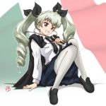  1girl anchovy arm_support artist_name belt black_necktie black_ribbon black_shoes black_skirt cape dress_shirt drill_hair emblem flag_background flag_print full_body girls_und_panzer green_hair grin hair_ribbon holding italian_flag itochan loafers long_hair long_sleeves looking_at_viewer miniskirt necktie pantyhose pleated_skirt red_eyes ribbon riding_crop school_uniform shirt shoes signature sitting skirt smile solo twin_drills twintails white_legwear white_shirt 