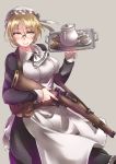  ammunition apron ayyh blonde_hair bullet cartridge cup dress frills glasses gun hair_ornament highres holding holding_weapon looking_at_viewer maid maid_apron maid_headdress plate red_eyes ribbon rifle saucer shell_casing skirt smile solo tagme tea weapon 