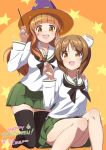  2girls animal_ears artist_name bandage bangs bear_ears black_legwear blouse blunt_bangs boko_(girls_und_panzer) boko_(girls_und_panzer)_(cosplay) brown_eyes brown_hair brown_shoes cosplay dated english facepaint fake_animal_ears full_body girls_und_panzer green_skirt hand_on_another&#039;s_shoulder happy_halloween hat highres holding kneeling loafers long_hair long_sleeves looking_at_viewer miniskirt multiple_girls neckerchief nishizumi_miho open_mouth orange_background orange_eyes orange_hair pleated_skirt pomon_illust school_uniform serafuku shoes signature sitting skirt smile star starry_background takebe_saori thigh-highs wand white_blouse witch witch_hat 