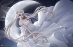  1girl 2015 artist_name bain-henpen bare_shoulders bishoujo_senshi_sailor_moon cloth dated detached_sleeves double_bun dress facial_mark forehead_mark full_moon hair_ornament hairclip highres long_hair moon parted_lips pearl platinum_blonde princess_serenity red_lips see-through silver_hair solo sparkle tsukino_usagi twintails very_long_hair white_dress 