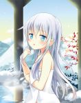  1girl blue_eyes blue_hair hibiki_(kantai_collection) highres kantai_collection looking_at_viewer moca_blanc naked_towel onsen open_mouth snow snowing solo towel 