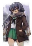  1girl bespectacled black_hair blouse brown_eyes girls_und_panzer glasses hands_in_pockets jacket long_hair long_sleeves neckerchief reizei_mako scarf school_uniform serafuku shinshin solo white_blouse 