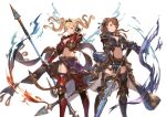  2girls armor armored_boots beatrix_(granblue_fantasy) belt blonde_hair boots breasts brown_eyes brown_hair cleavage detached_sleeves gauntlets granblue_fantasy hand_on_hip headband holding holding_weapon long_hair looking_at_viewer midriff minaba_hideo multiple_girls navel overskirt polearm short_sleeves shorts smile spear sword twintails weapon zeta_(granblue_fantasy) 